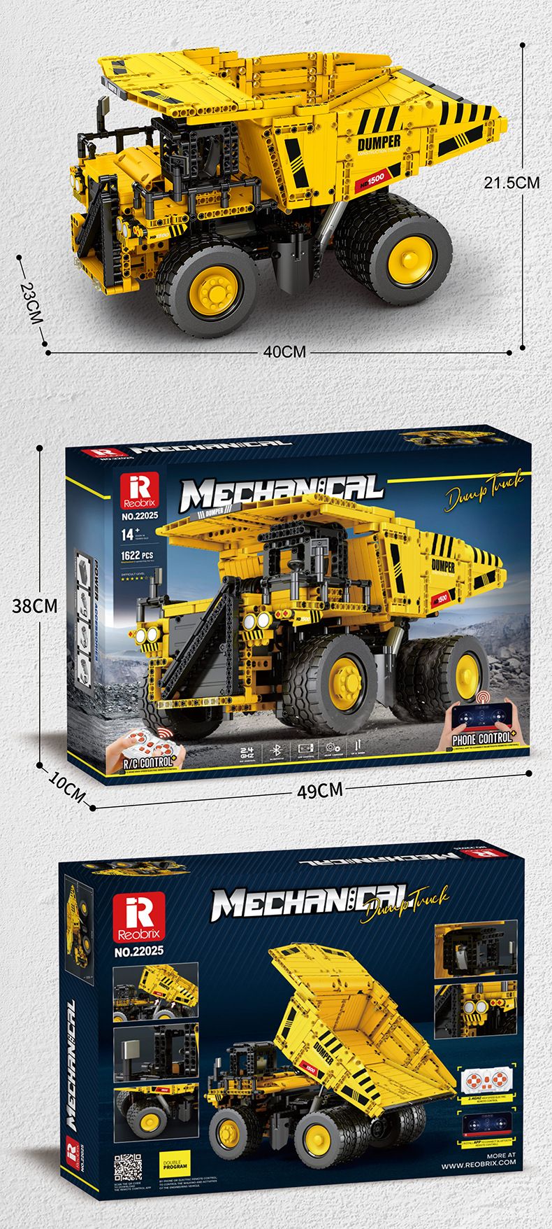 Cross Border Reobrix22025 Technology Building Block Engineering Mining Dump Truck Model Puzzle Assembly Remote Control Toy_voghion.com