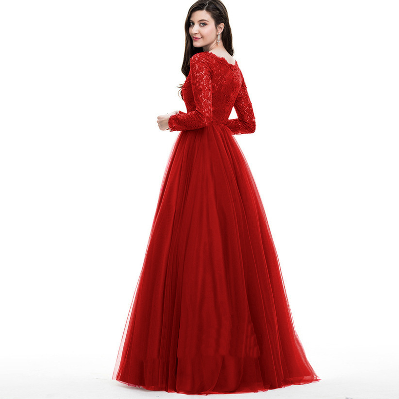 Damen-Mesh-Spitze, langärmelig, Hochzeitskleid, Abendkleid, langes Kleid_voghion.com