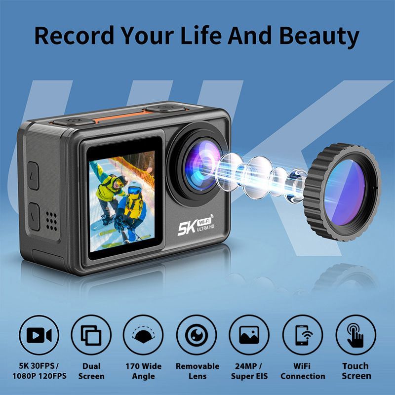 5K 30FPS EIS Video Optional Filter Lens 48MP Zoom 1080P Webcam Vlog WiFi Action Camera With Remote Control_voghion.com