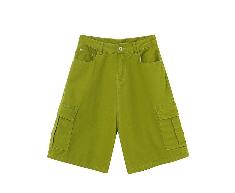 EF JEANS | 2024 Sommer Neue amerikanische Straße Einfache Fruchtgrüne Overalls mit großen Taschen Fünf-Punkt-Hose für Männer und Frauen_voghion.com