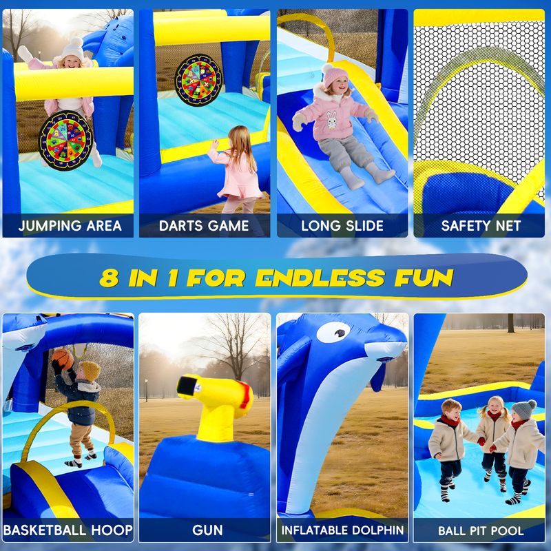 8 In1 Inflatable Slide Water Park Trampoline Bouncing House Outdoor Garden With Dolphin Sprinkler & Target Games & Water Gun & Basketball_voghion.com
