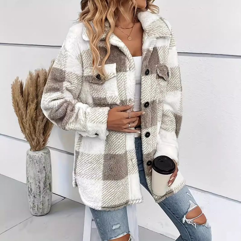 Women's Plaid Fleece Coat With Button-Down Collar - Oversized Long Sleeve Trench Coat For Autumn Winter, Plus Size 1XL-5XL, Grey_voghion.com