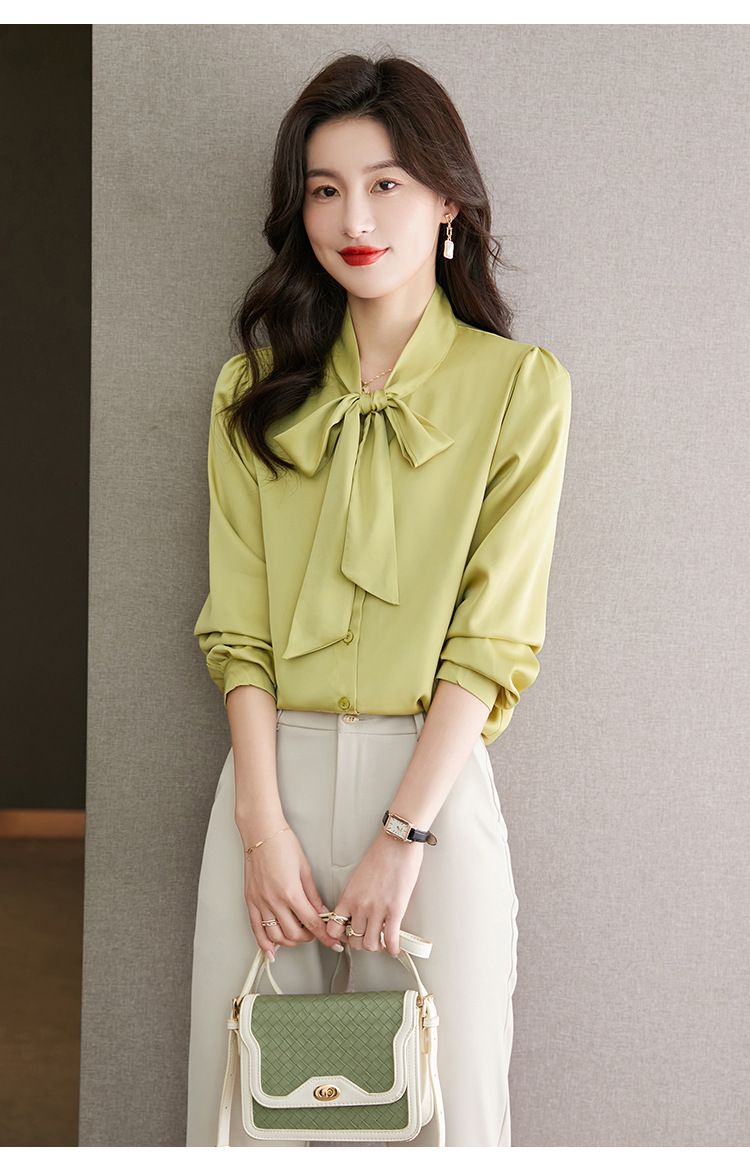 K New Bow Tie Design Women's Shirt; Minority Professional Style Satin Blouse With Sash_voghion.com