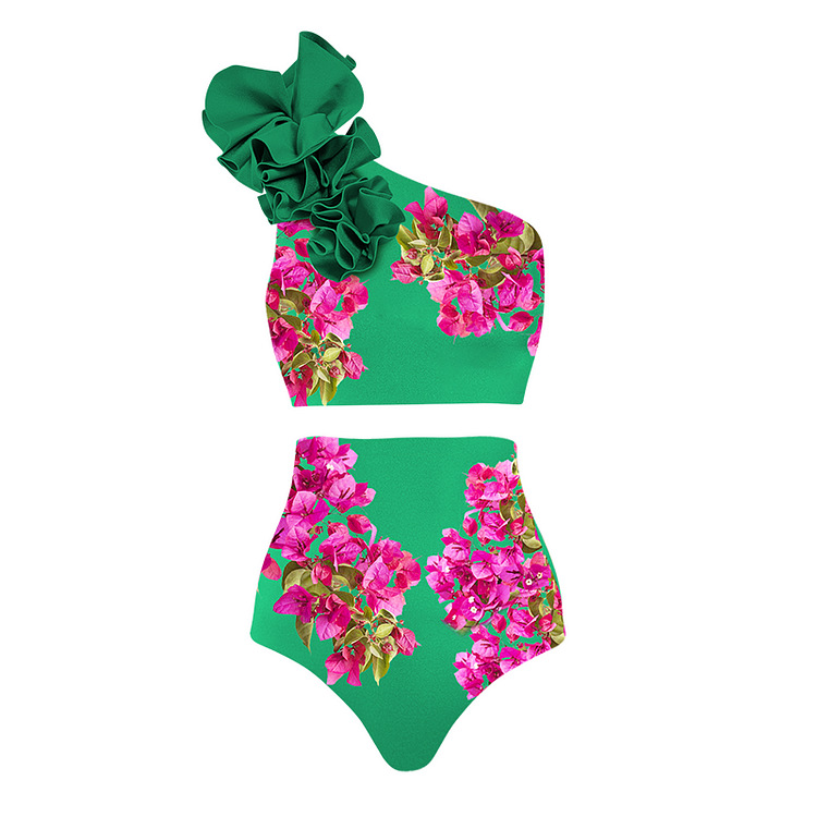 Maillots de bain de vacances à la plage pour femmes 2024 en stock nouveau costume de jupe portefeuille de maillot de bain fendu taille haute imprimé à une épaule pour les femmes transfrontalières_voghion.com