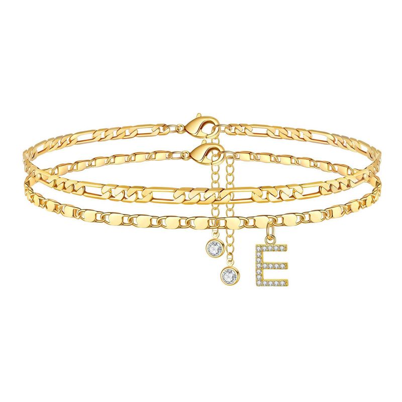 New Bohemian Zircon 26 Letters Copper Plated 14k Gold Figaro Chain Double Layer Stacked Anklet_voghion.com