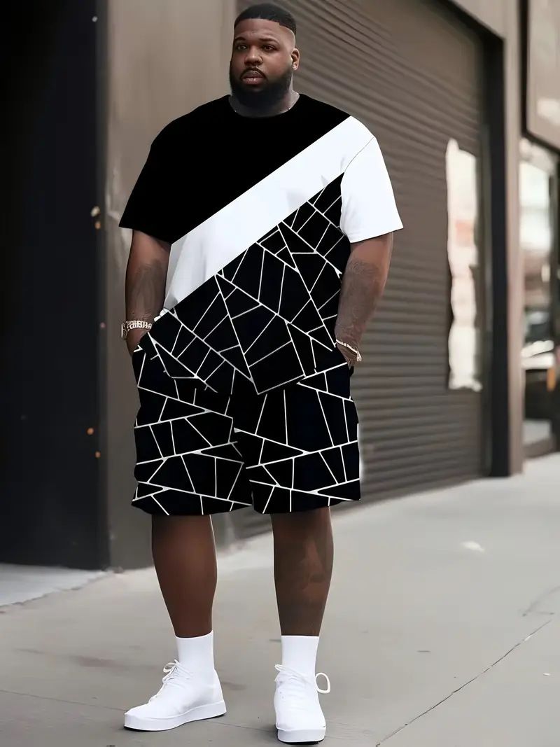Herrenbekleidung Plus Size Sommer T-Shirt Shorts Anzug Muster 3D Digitaldruck Lässiger Strandhosenanzug_voghion.com