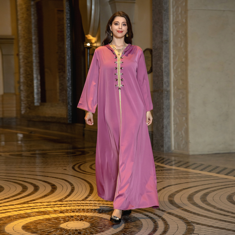 Vestido muçulmano feminino de cetim com contas abaya Dubai leve vestido de noite étnico luxuoso_voghion.com