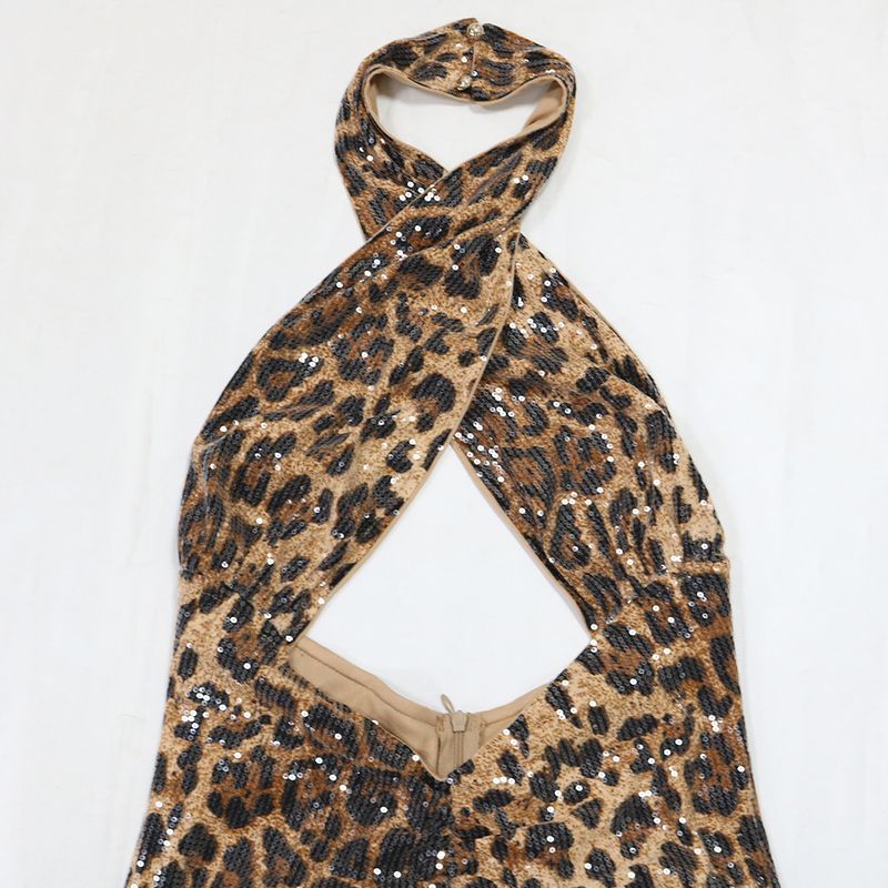 Női ruházat Leopárdmintás Szexi Ruha Flitteres Üreges Pántnélküli Hát nélküli Hasított Ujjak Bankett Stílusú Ruha_voghion.com