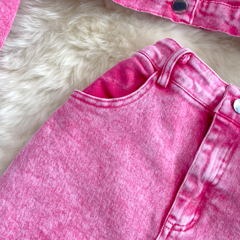 Ropa de mujer Conjunto de dos piezas formado por chaqueta y pantalón corto de mezclilla rosa y holgado para mujer_voghion.com