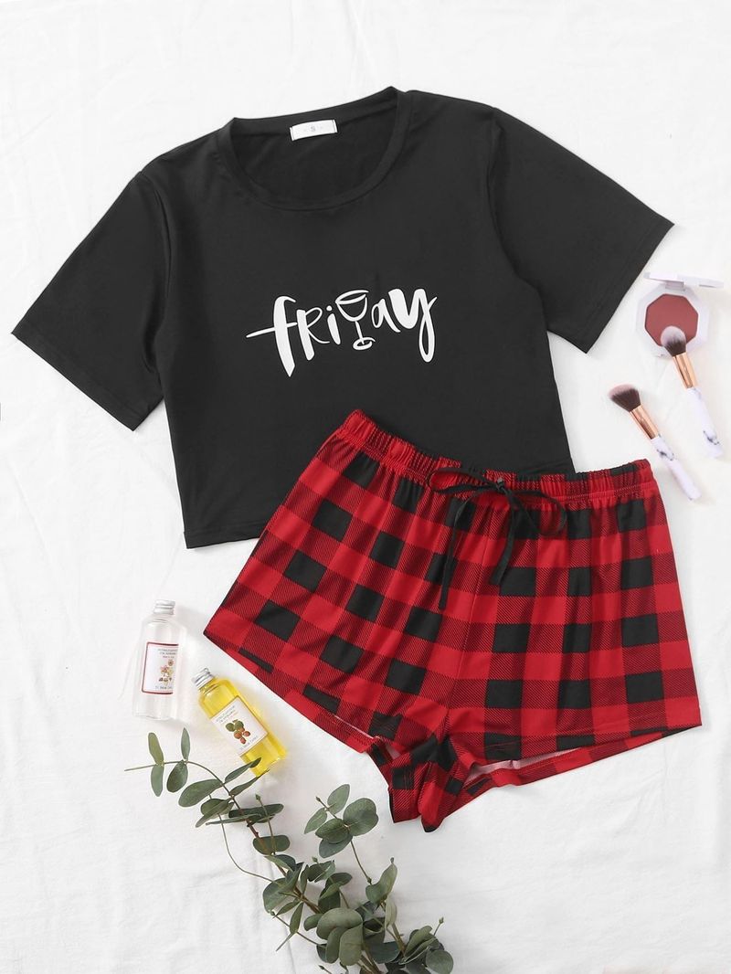 Damen Sommer Pyjama Buchstaben Kurzarm Shorts Zweiteiliges Set Homewear_voghion.com