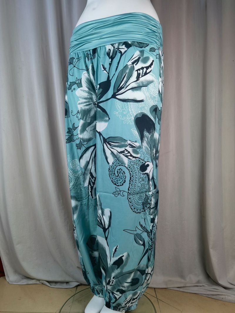 Plus Size Boho Pants, Women's Plus Floral Print Ruched Low Waist Loose Comfy Harem Pants_voghion.com