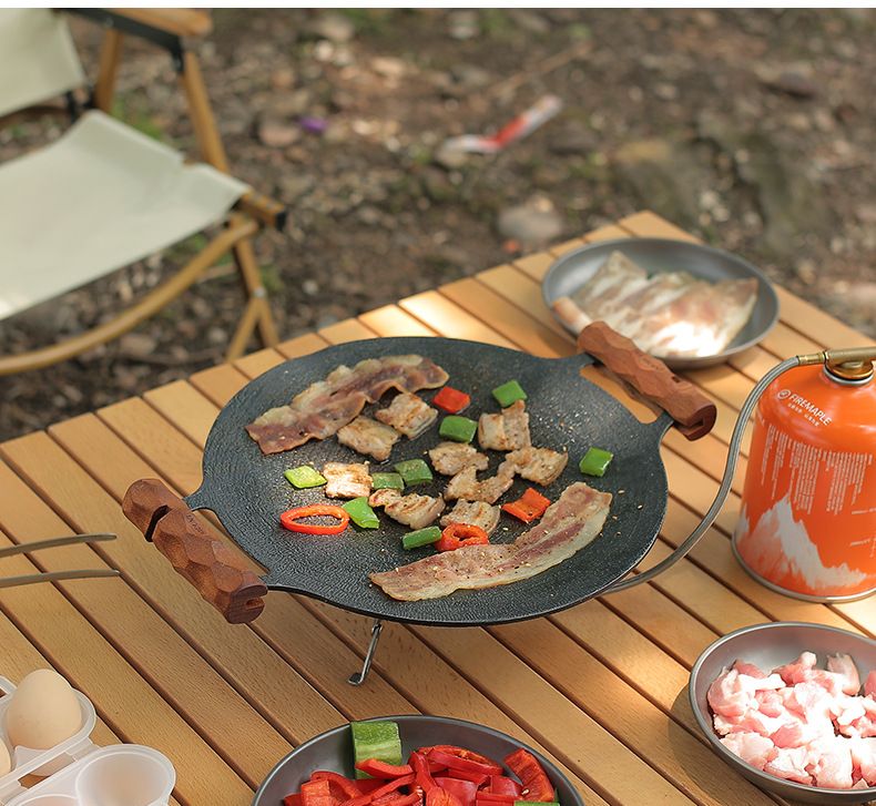Support de plaque de cuisson multifonctionnel Shabili pour camping en plein air avec poignée en bois, poignée isolante et résistante à la chaleur_voghion.com