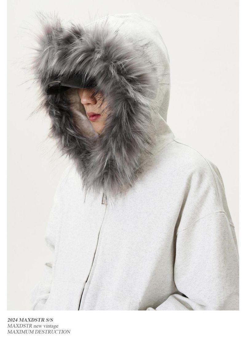 Felpa con cappuccio e cerniera in stile retrò americano da uomo, con collo in pelliccia, da uomo e da donna, corta, in tinta unita, Cleanfit_voghion.com