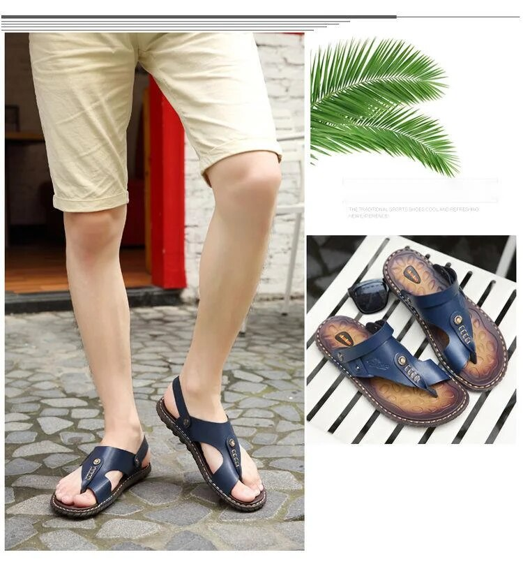 Scarpe da spiaggia casual estive, versione coreana antiscivolo, sandali in pelle alla moda, infradito, sandali da uomo a doppio uso,_voghion.com