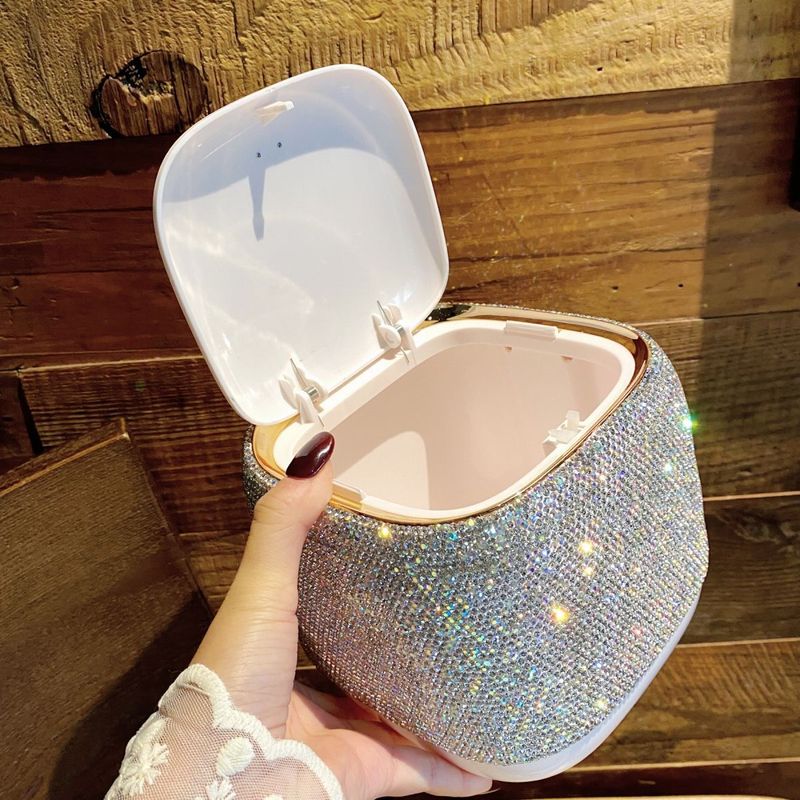 Elegant Press-Top Desktop Trash Can – Diamond-Accented & Plain Versions (Lightweight Plastic, 0.3kg, Round Shape, Commercial Use)_voghion.com