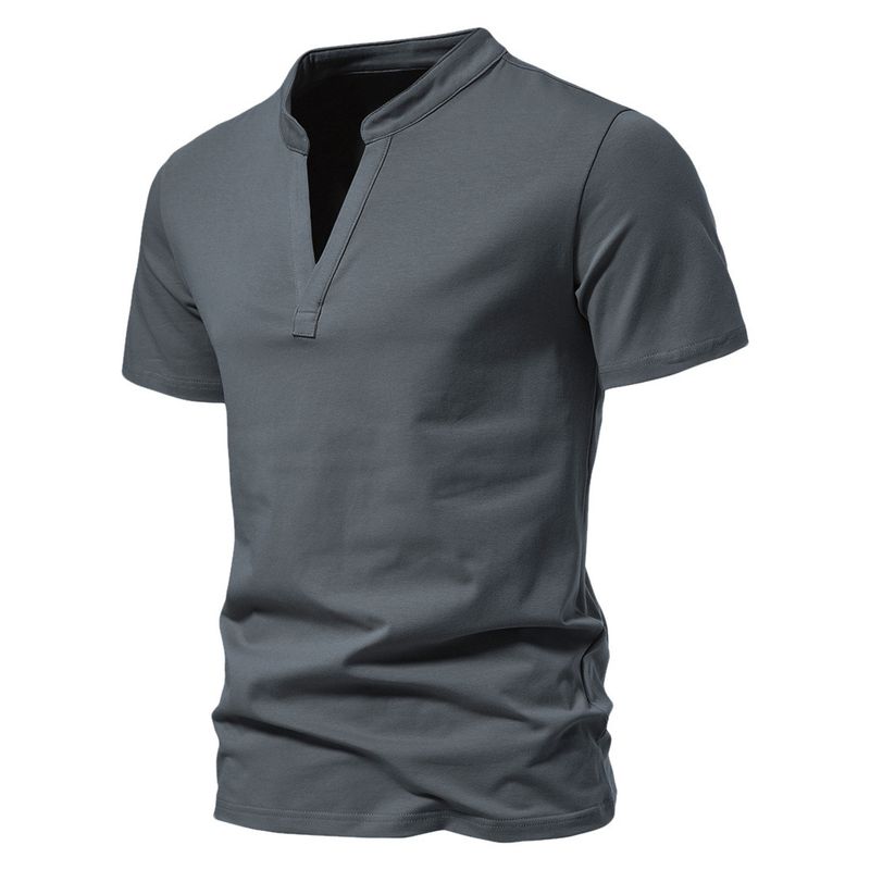 2025 New Men's Deep V-neck Short Sleeved Elastic Base Shirt Summer Small Stand Up Collar T-shirt Top_voghion.com