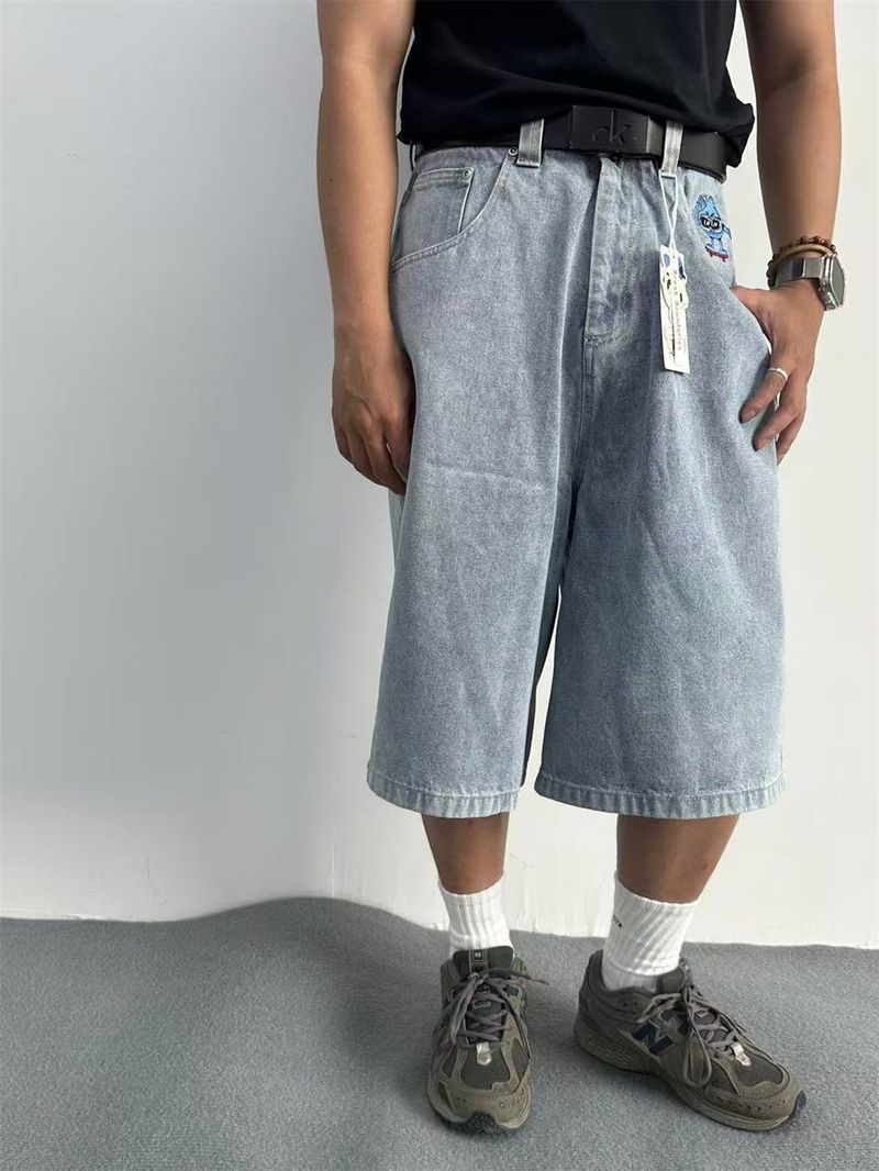 Herrenbekleidung Cartoon Bestickte Jeans Gerade Bein Cropped Hose Lose Casual Skateboard Hose_voghion.com