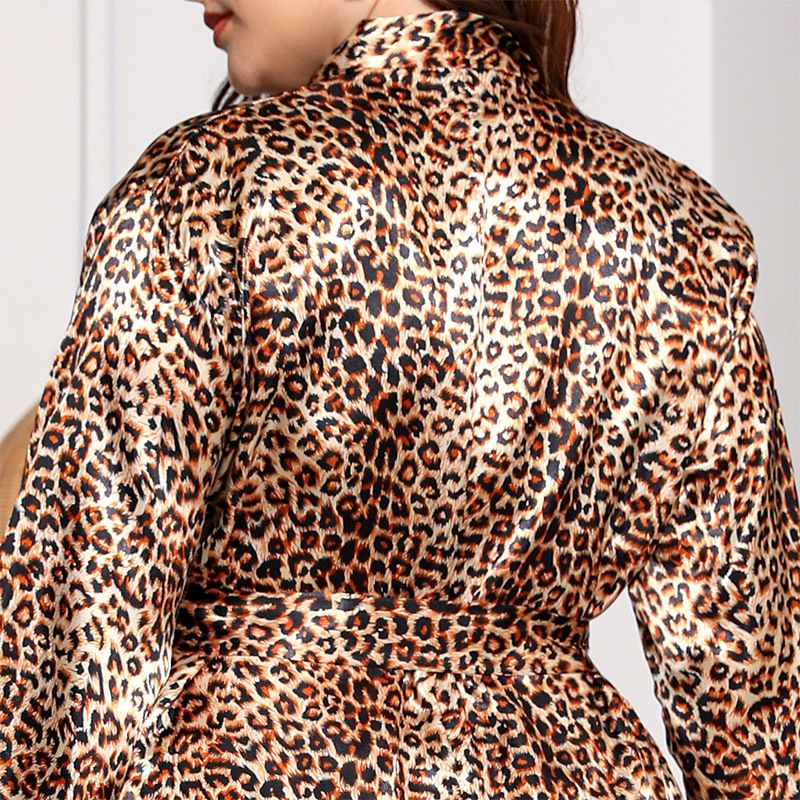women's imitation silk nightgown large size long-sleeved home clothes for women leopard print 250 pounds can be worn_voghion.com