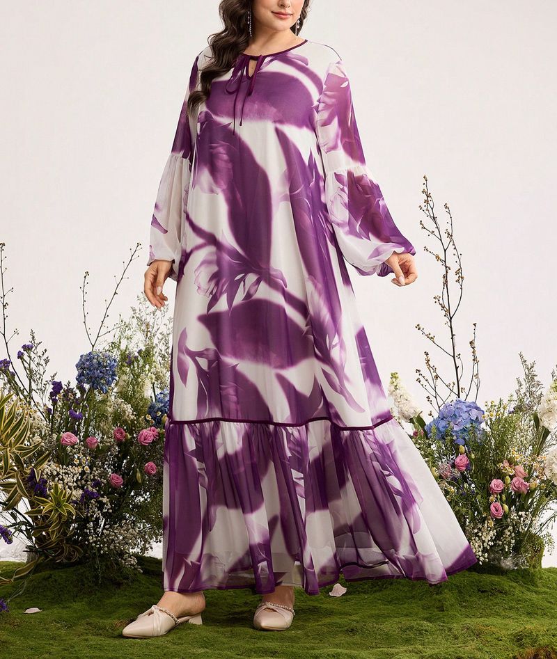 Plus Size Dress With Artistic Tie-Dye Print | V-Neck Long Sleeve Wrap Belt Maxi Dress | Elegant A-Line Flowy Dress For Women (Purple, 0XL-4XL)_voghion.com