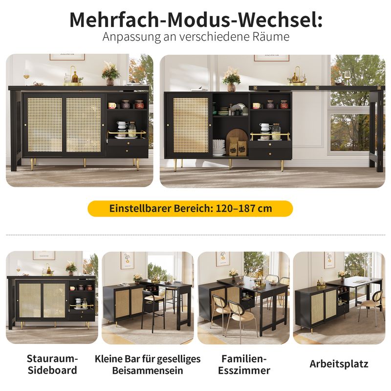 Bureau pivotant à 360° (corps principal : 107 x 40 x 71,4 cm), table de bar extensible noire avec porte en rotin, armoire de rangement et étagères ouvertes, convient pour la cuisine et la salle à manger._voghion.com