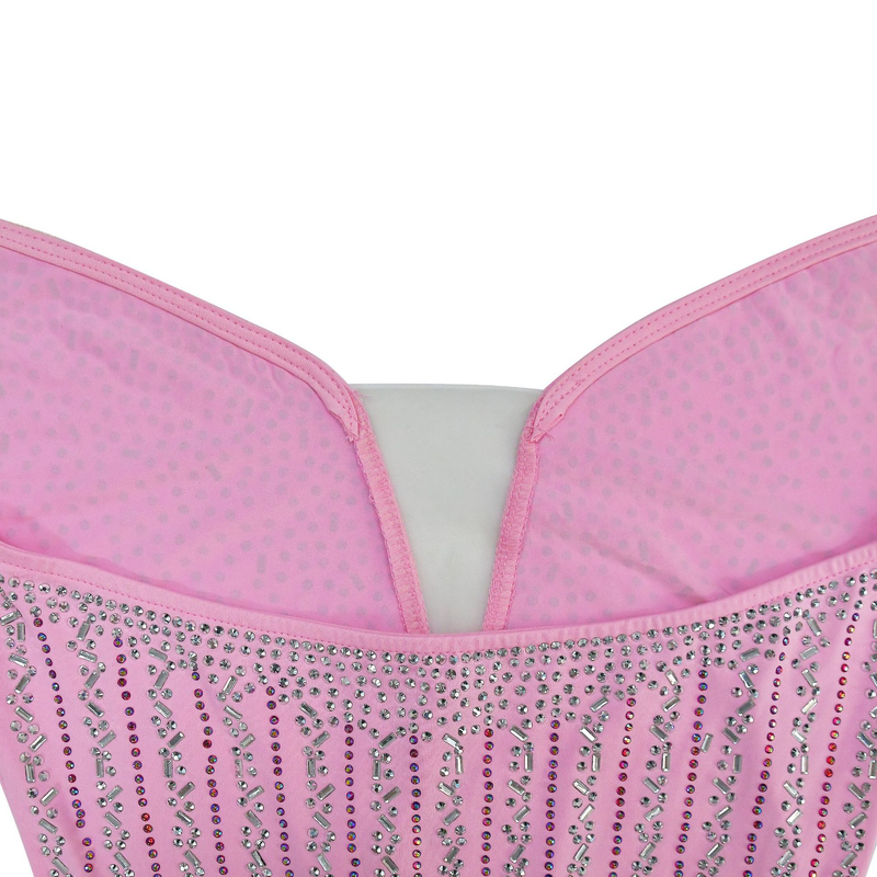 Women's solid color rhinestone mesh feather suspender skirt dress_voghion.com