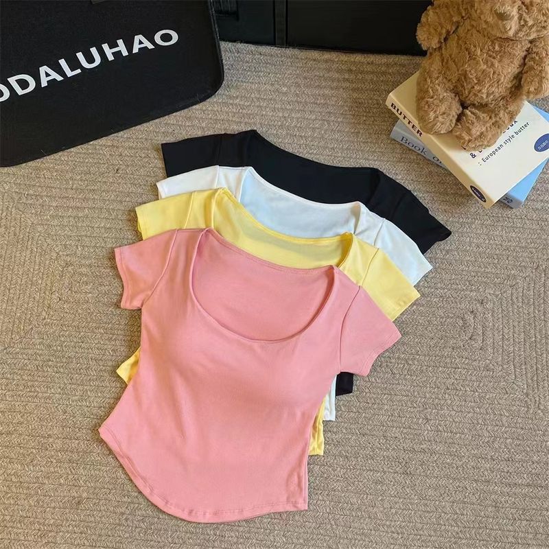 Intimo da donna in cotone a maniche corte, stile semplice con imbottitura sul petto, maglietta corta a maniche corte da ragazza calda, top estivi versatili di nicchia_voghion.com
