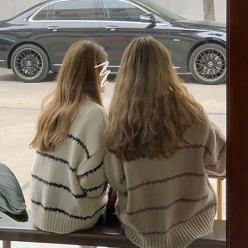 Japanese Retro Striped Knit Sweater Women's Loose Fit Long Sleeve Turtleneck Pullover - Soft Comfortable Chunky Knit Casual Top_voghion.com