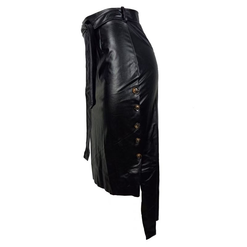 Women's Clothing Elegant High-Slit PU Pencil Skirt For Women - Stretchy Bodycon Midi Skirt, Office & Evening Wear, Black (XS/S/M/L/XL)_voghion.com