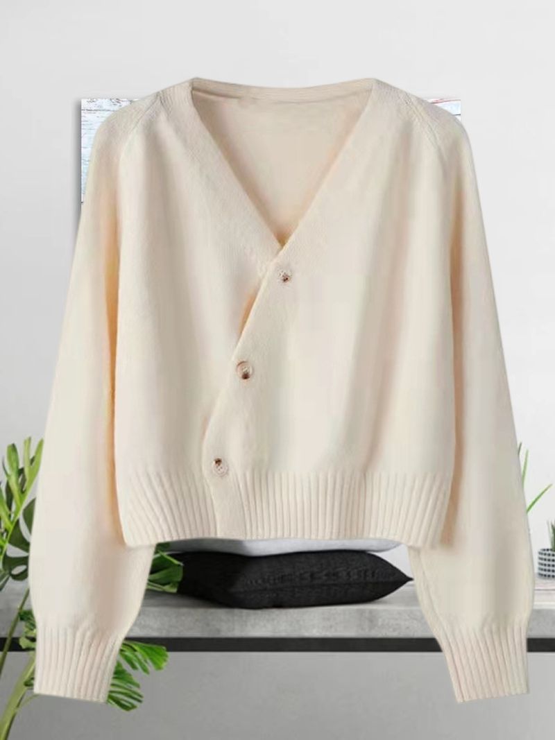 Giacca maglione caldo stile delicato con fibbia diagonale larga per donna autunno 2024 nuovo cardigan lavorato a maglia a maniche lunghe e corte_voghion.com