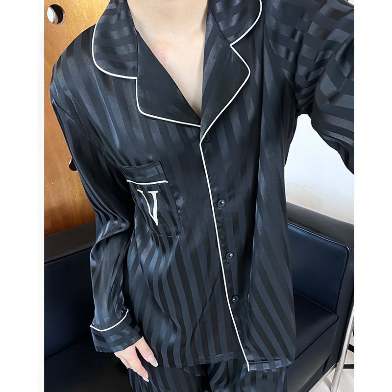 Pigiama unisex traspirante casual da coppia con scollo a V per autunno e inverno, completi a maniche lunghe in seta ghiacciata di alta qualità, possono essere indossati come vestiti da casa_voghion.com