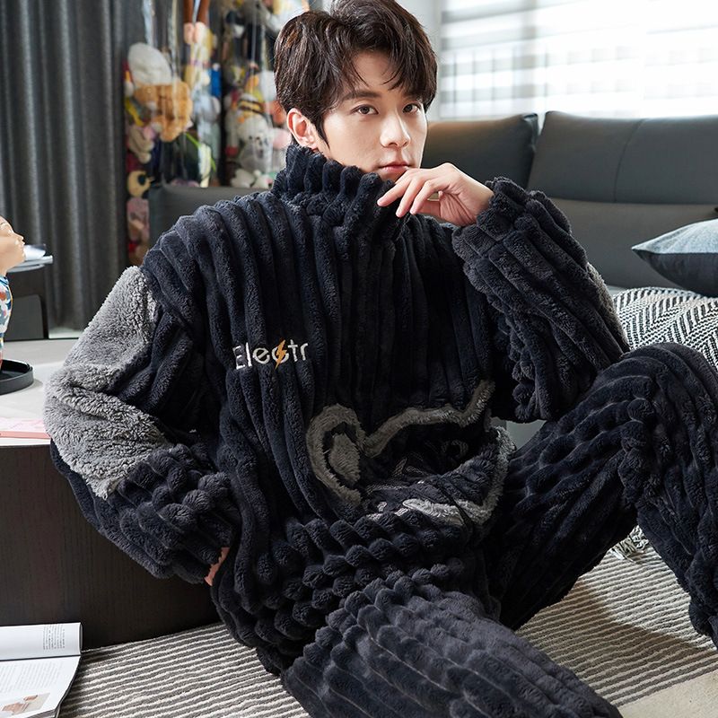 Men's cardigans zippers flannel sleepwear autumn warm and casual in winter, thickened with for home wear, coral fleece_voghion.com