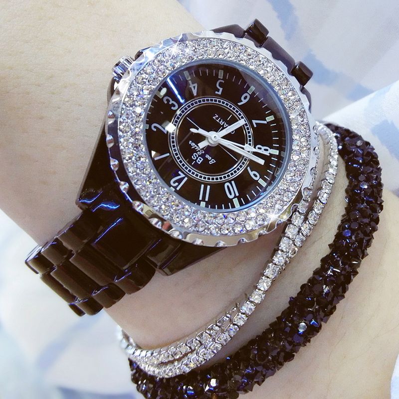 Yamaler elegante diamantes de imitación cerámica banda mujeres redondo analógico cuarzo reloj de pulsera regalo_voghion.com