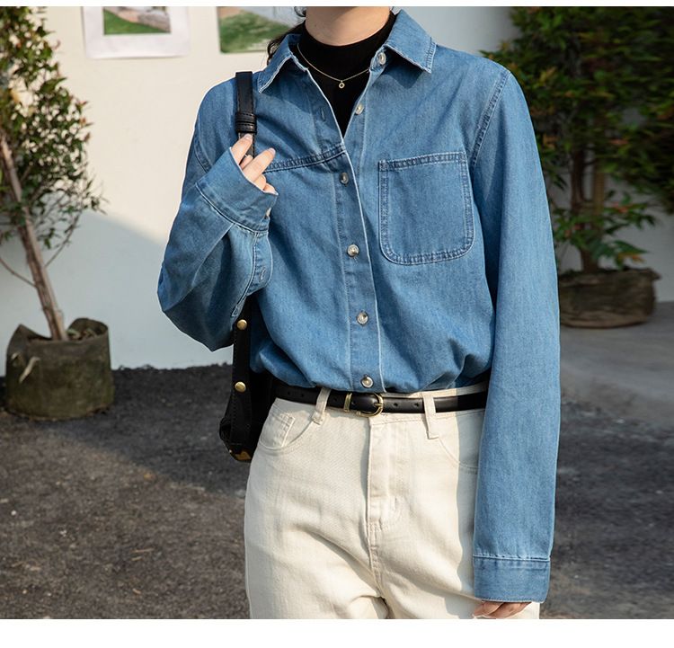 Roupas femininas Novo estilo primavera Jaqueta azul Estilo ombro solto Camadas Camisa francesa Mangas compridas_voghion.com