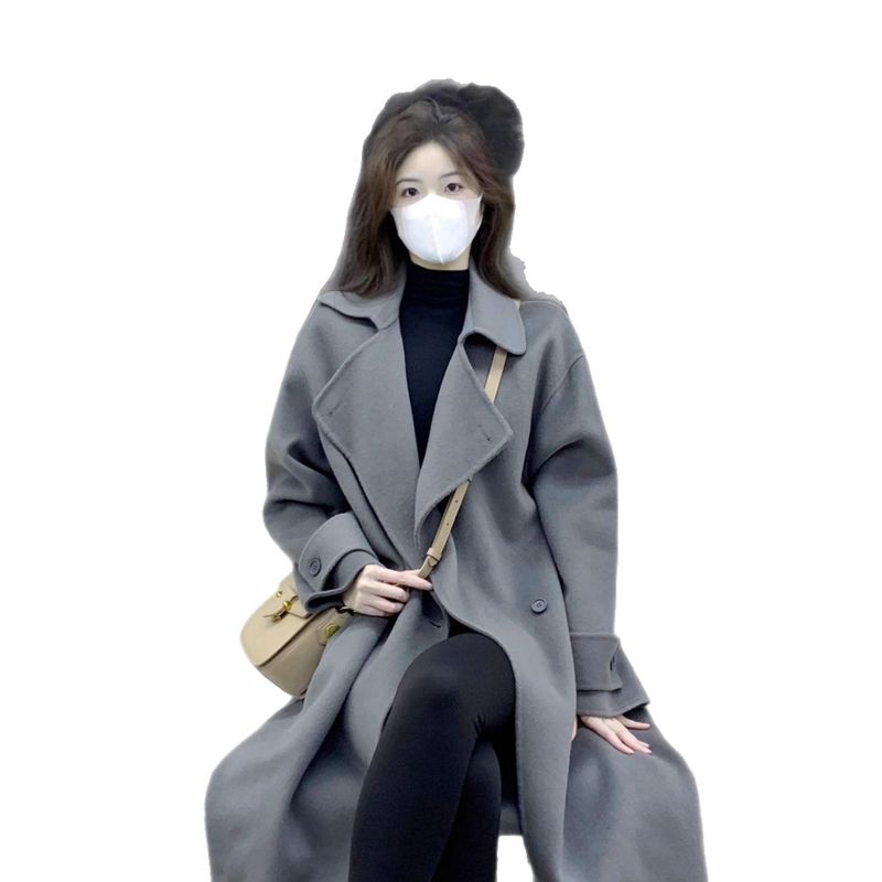 Cappotto in lana cashmere double face grigio da donna, lunghezza media, nuovo stile autunno inverno 2025, sensazione di alta qualità, lana piccola_voghion.com