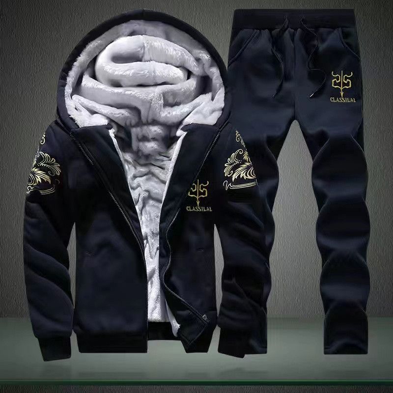Y7 Fleece-Lined Winter Two-Piece Thickened Men's Suit New Fashionable Stylish Casual Sports Set_voghion.com