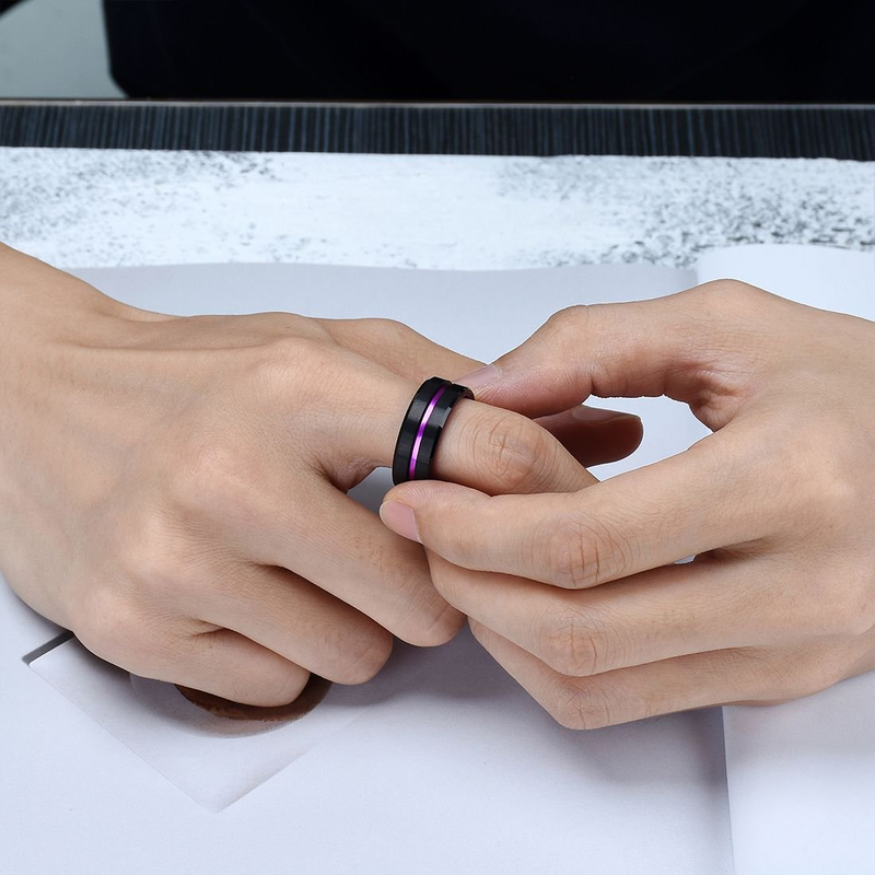 Fashion 8mm Black Tungsten Wedding Celtic Dragon Inlaid Zircon for Men Stainless Steel Purple Carbon Fibre Ring_voghion.com
