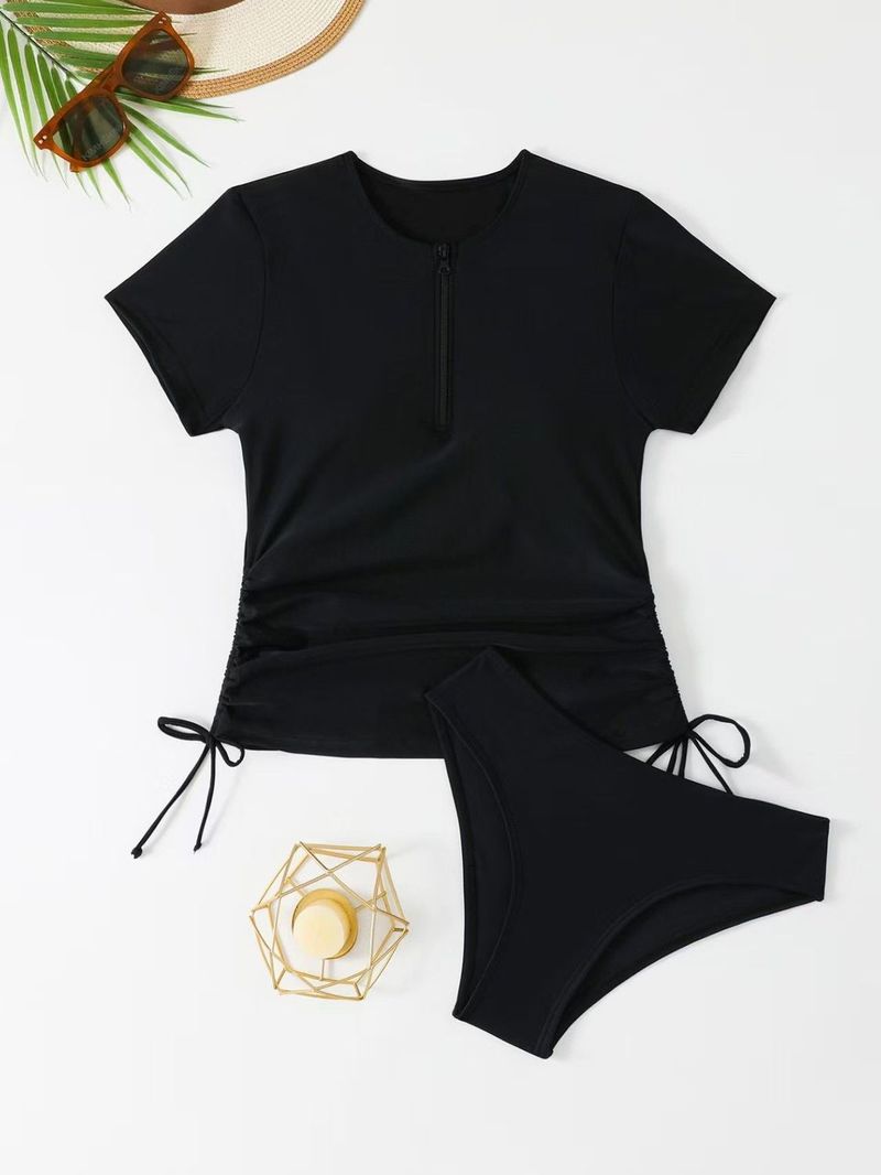 Costume da bagno a due pezzi con coulisse e cerniera, a maniche corte, da donna, 2025, nuovo, tinta unita_voghion.com