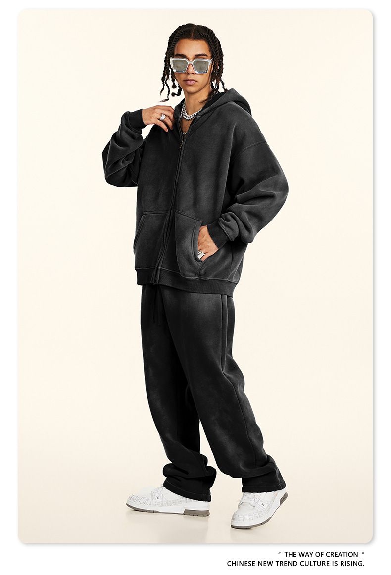 Conjunto de sudadera polar con capucha y cremallera para hombre y pantalón casual recto: conjunto de dos piezas para ropa urbana de invierno._voghion.com