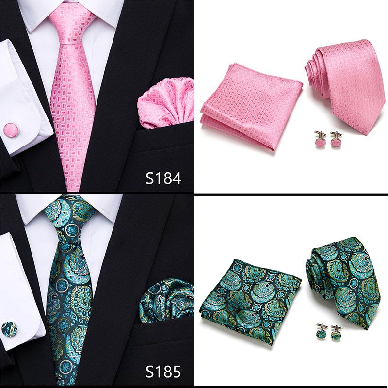 Jacquard Nuovo Design Festivo Regalo Cravatta Fazzoletto Gemelli Set Cravatta Uomo Plaid Camicia Gialla Accessori_voghion.com