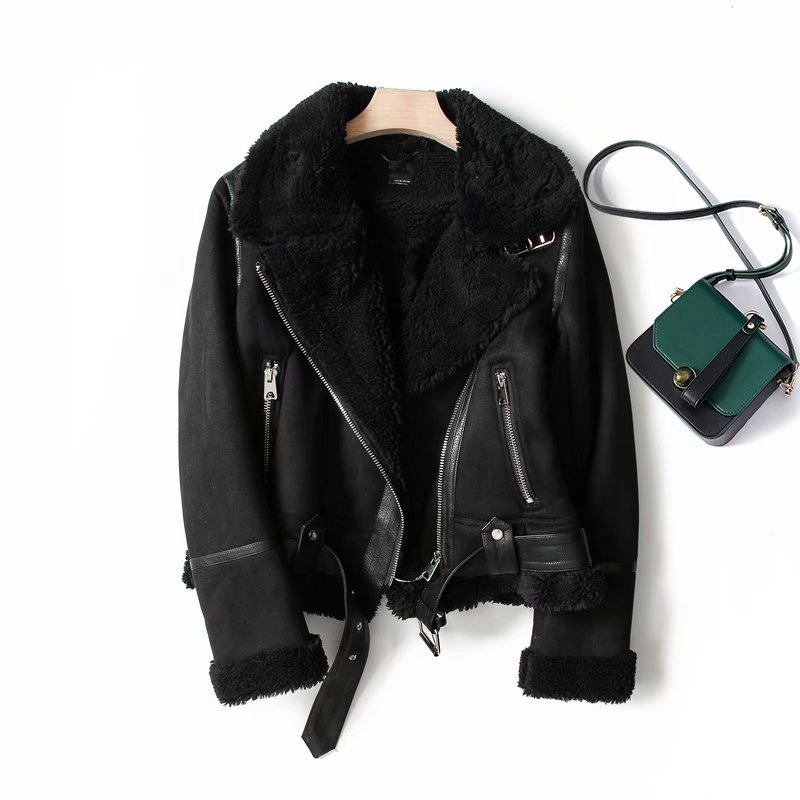 Parka invernale spesso Giacca in lana scamosciata calda con pelliccia di agnello Giacca da donna in pelle shearling Capispalla corto da motociclista_voghion.com