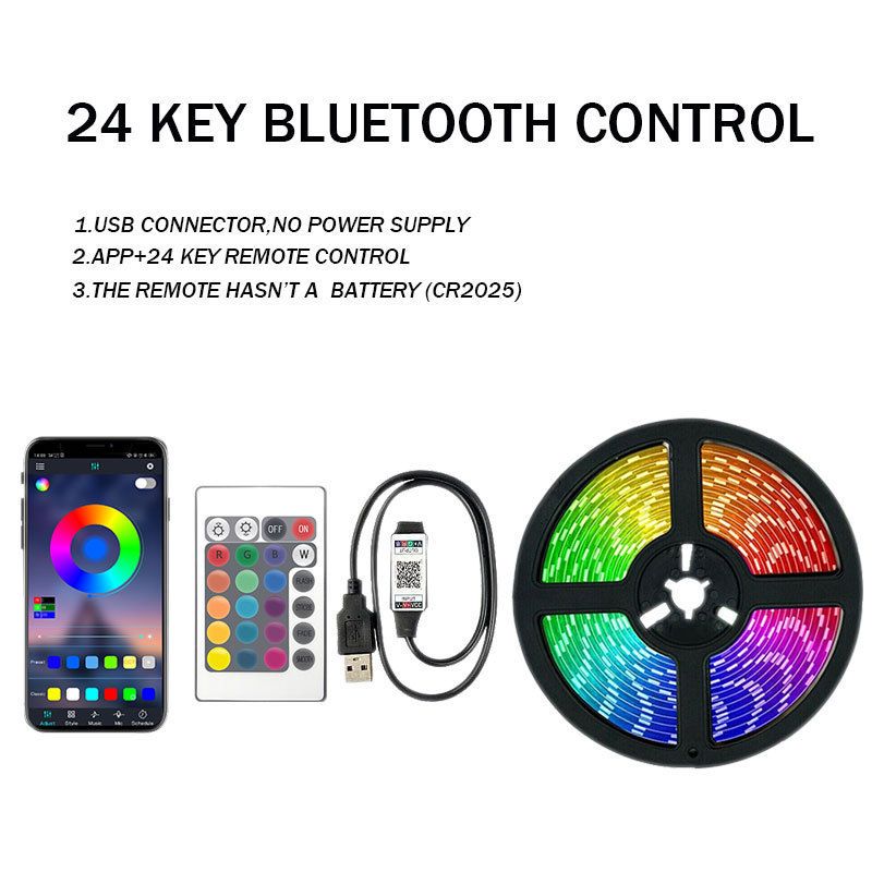 Striscia LED RGB 5050 con telecomando a 24 tasti e Bluetooth, retroilluminazione TV USB 5V, illuminazione d'atmosfera regolabile per l'arredamento della casa_voghion.com