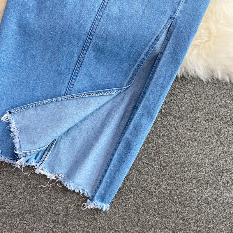 Højtaljet A-formet denimnederdel med mellemlang sideslids til kvinder, kort top med firkantet krave_voghion.com