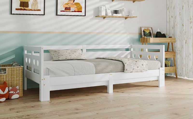 Tagesbett 90x200cm Ausziehbar, Massivkiefer, Mit Rollrost Herzform, Weiß_voghion.com