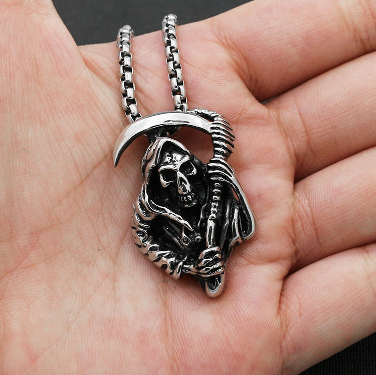 Exquisite Fashion Creative Scythe Cloak Death Skull Pendant Necklace Men Stainless Steel Retro Unique Design Jewelry_voghion.com