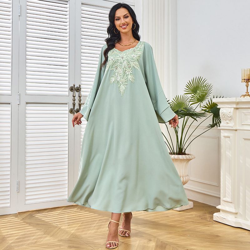 Moslimvrouwen Nieuwe kralen kraag Bloemen Mode Dubai Kleding Avondjurk Abaya's_voghion.com