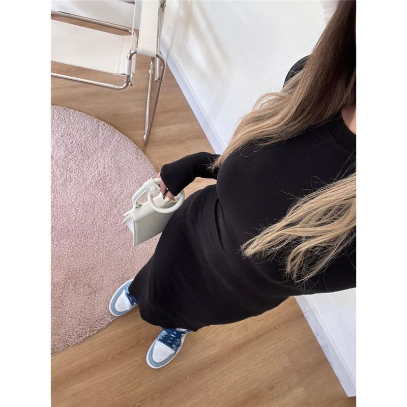 Plus Size 150kg Mins Style Spicy Girl Simple Versatile Tight-Fitting Body-Shaping Long Sleeve Bodycon Dress Autumn_voghion.com