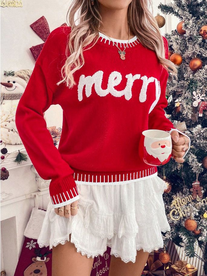 Streetwise Weihnachtsstrick – Oversized-Pullover mit 3D-Grafik für rebellische Festtagsstimmung (S/M/L, Festliche Rot- und Dunkelgrüntöne)_voghion.com