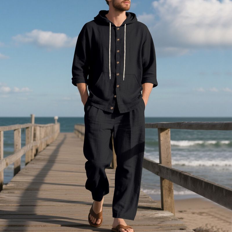 Men's Linen Hooded Shirt & Pants Set - Breathable Beachwear For Spring & Summer Fashion Trends Hot-selling_voghion.com