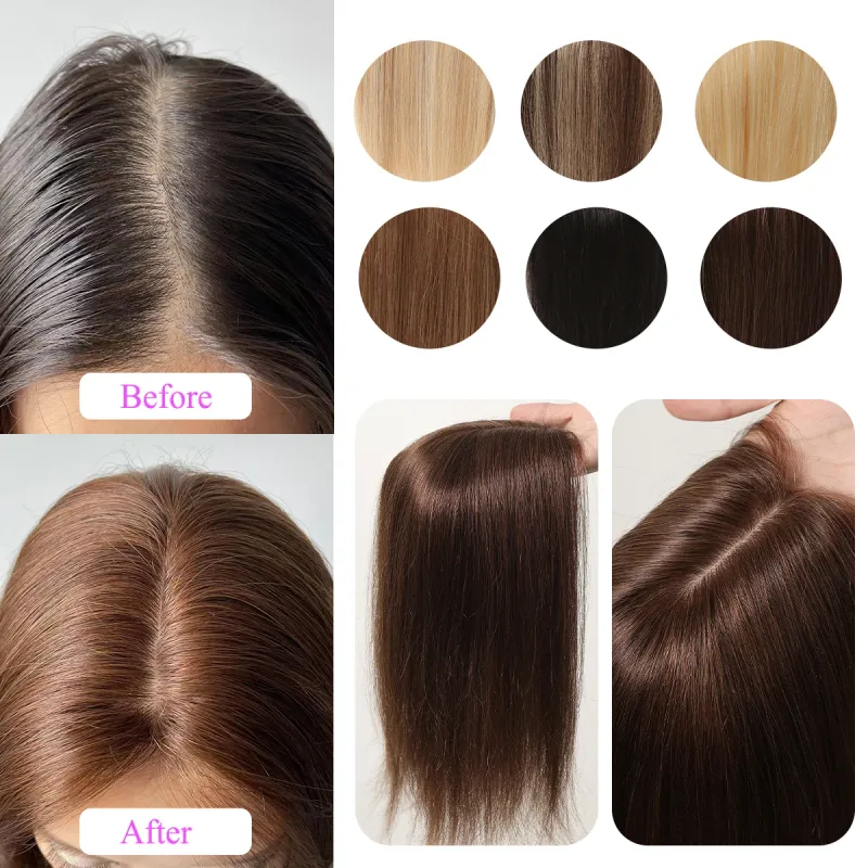 Topper per capelli umani da donna per capelli diradati, clip per toupee marrone, base in seta per capelli veri, riga centrale da 12 pollici_voghion.com