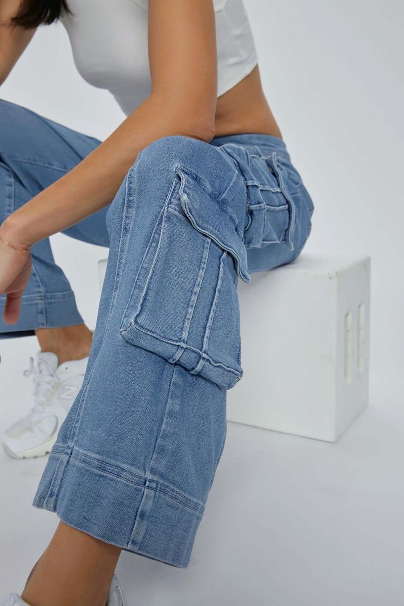 Roupas femininas primavera novo macacão lavado de rua feminino multi bolso perna larga renda jeans_voghion.com